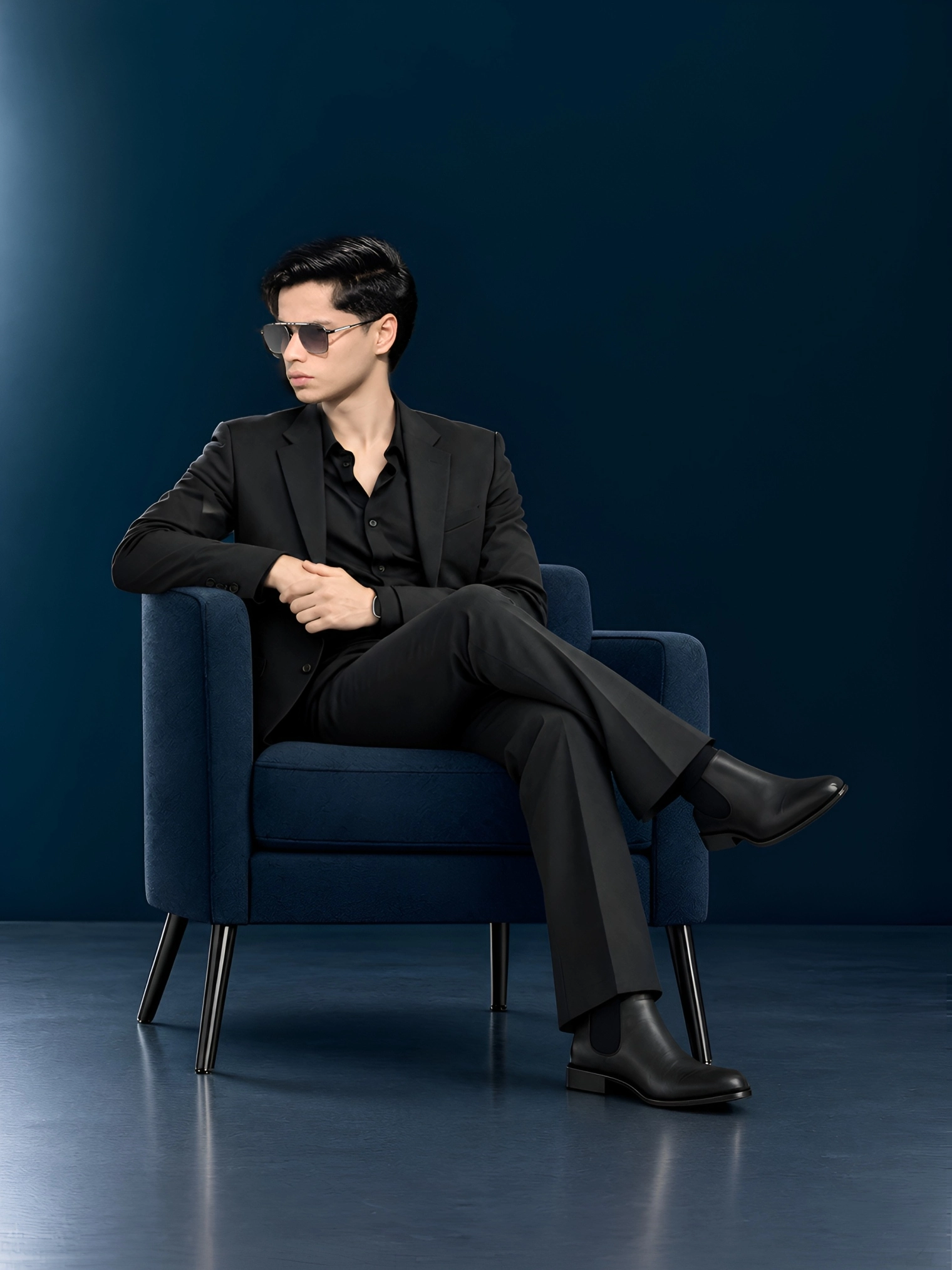 Digital Marketing Professional – Nufaiz Nufaiz wearing a black suit and sunglasses, seated in a navy blue chair against a dark blue background.
