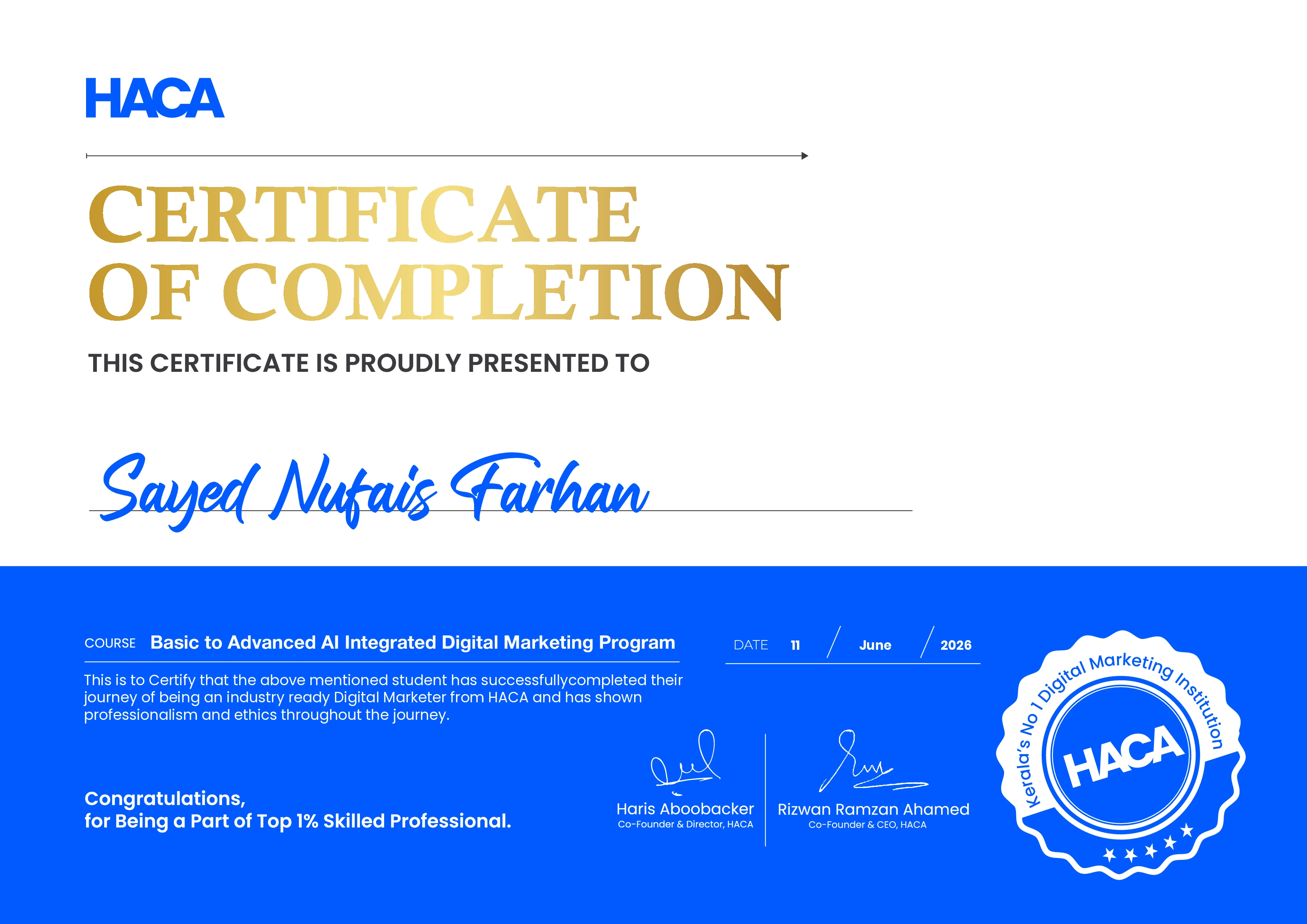 HACA certificate awarded to Sayed Nufais Farhan for completing the Basic to Advanced AI Integrated Digital Marketing Program in June 2026.