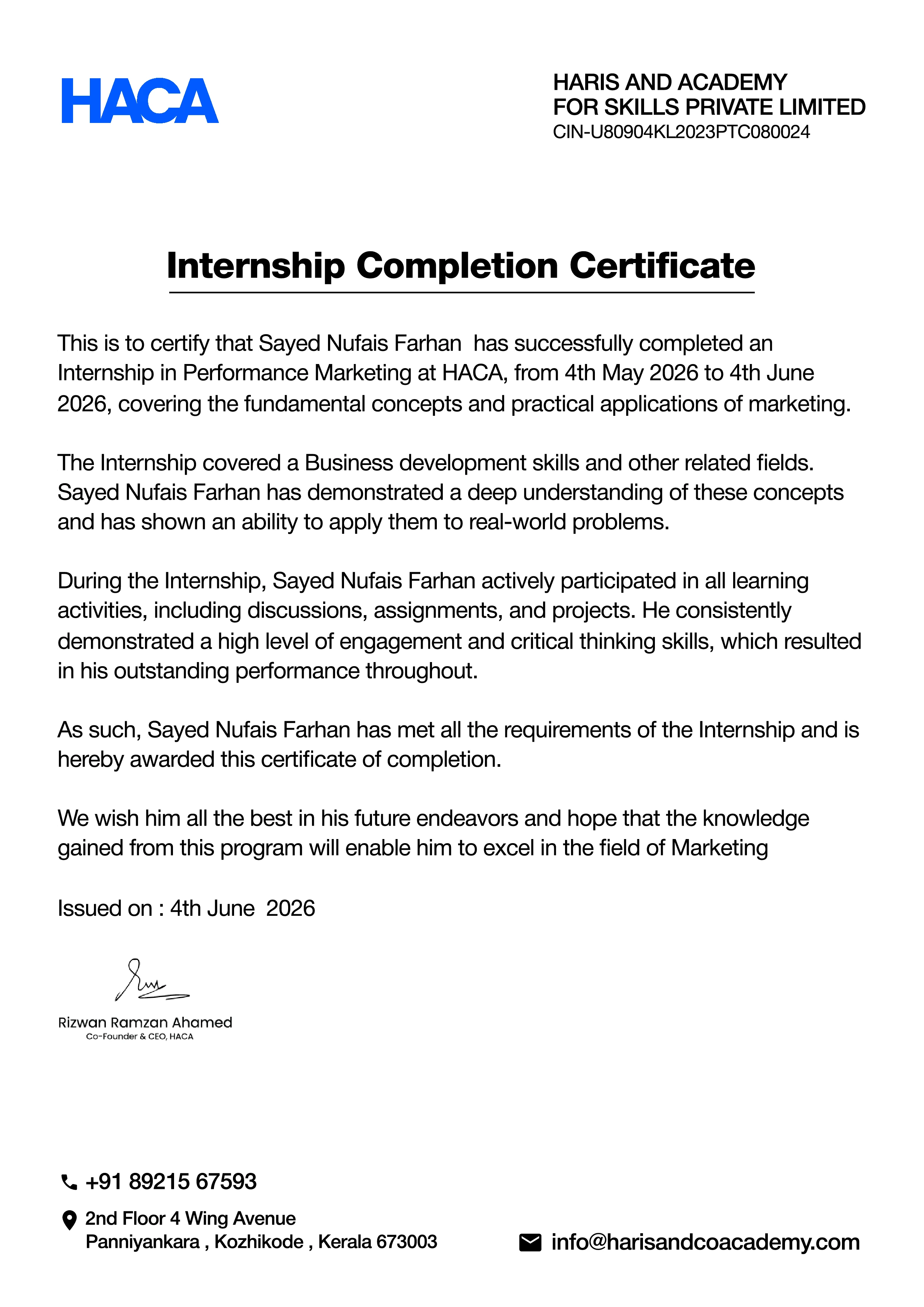 HACA internship completion certificate for Sayed Nufais Farhan, covering performance marketing from May 4 to June 4, 2026.